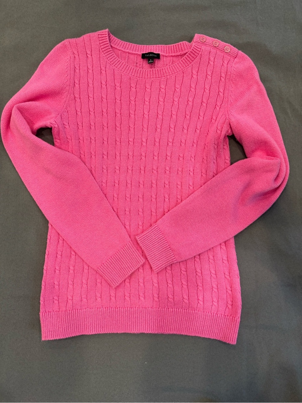Talbots Hot Pink Cable Crew Sweater with Shoulder Button Detail - Size Small